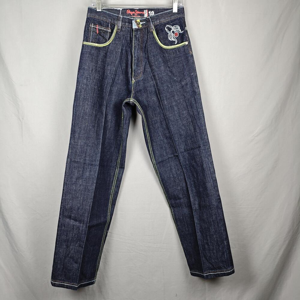 Pepe Jeans Jeans Youth 18 Blue Dark Wash Denim Straight Leg Spider Embroidered